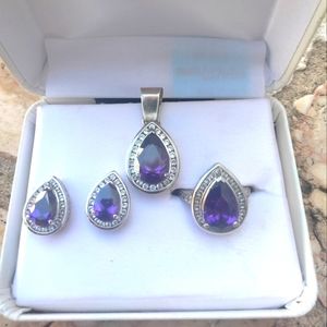 Silver 925 amethyst teardrop earrings size 7 ring and pendant